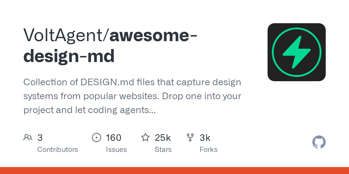 VoltAgent/awesome-design-md: Collection of DESIGN.md files that capture design systems from popular websites. Drop one into your project and let coding agents build matching UI.